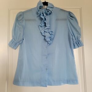 Vintage Sheer Short Sleeve Sky Blue Ruffled Blouse
